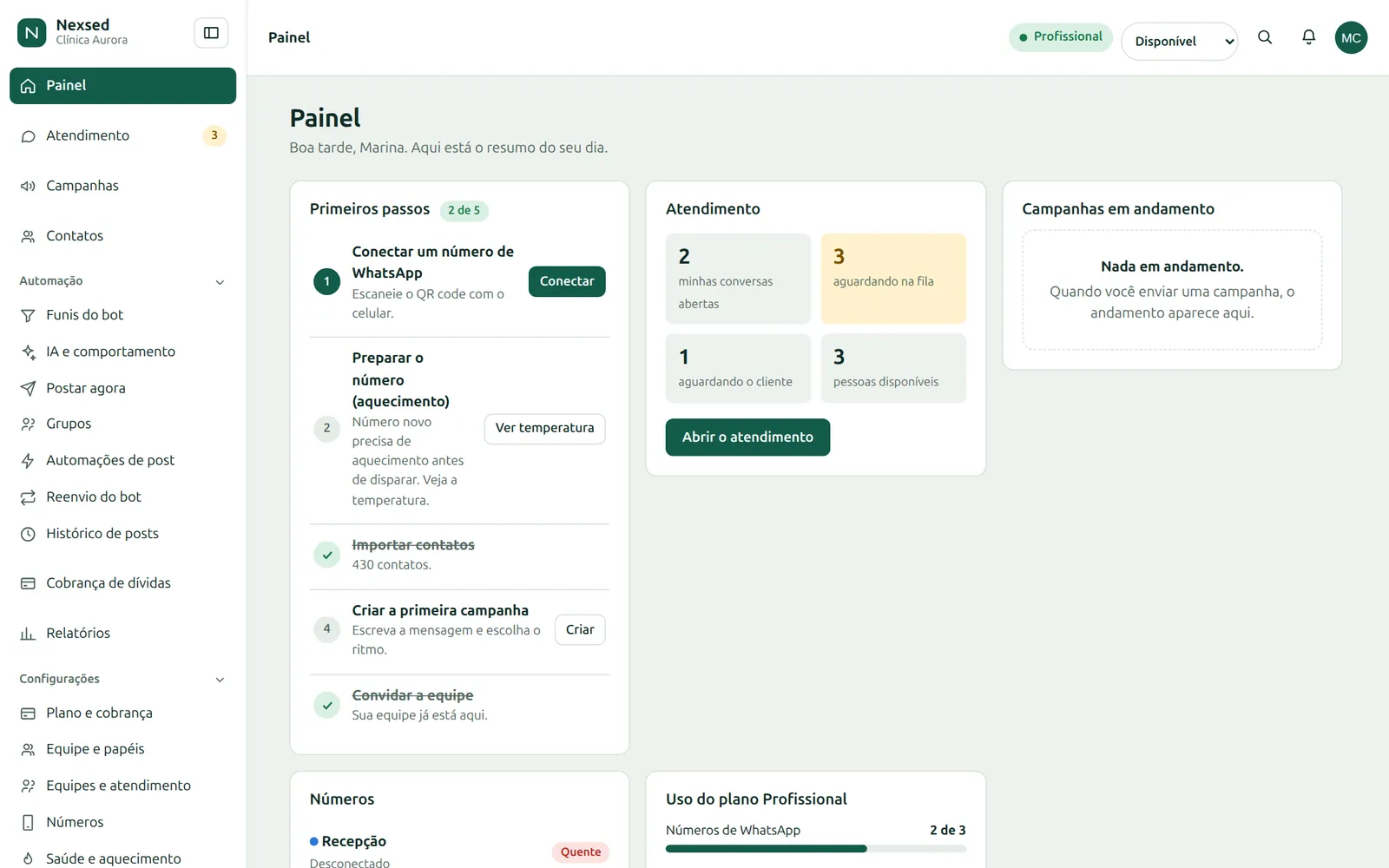 Painel com primeiros passos, atendimento, campanhas e uso do plano